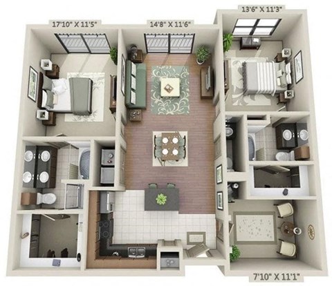 a 3d drawing of a floor plan with bedrooms and a living room